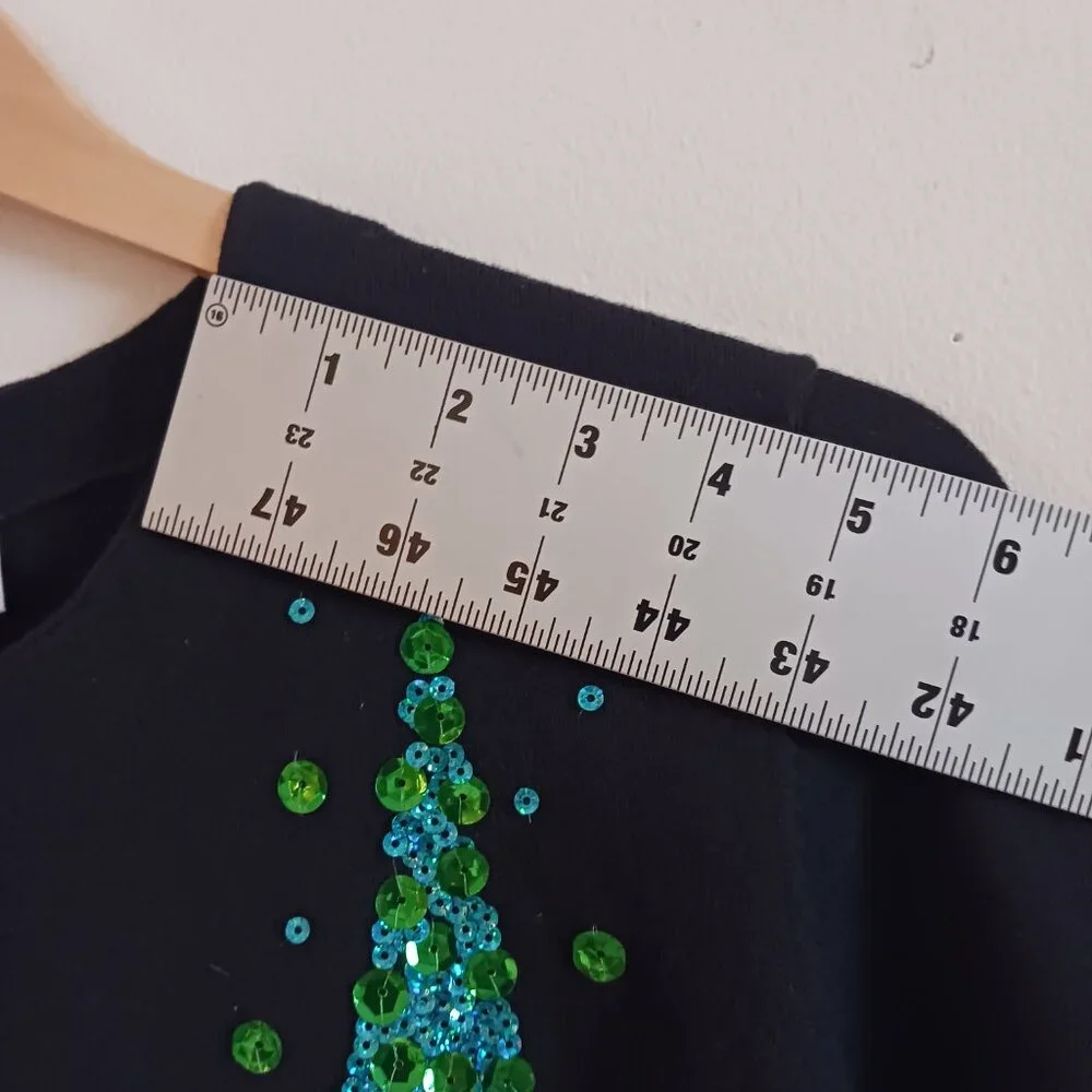 Quaker Factory NWOT Black Christmas Cardigan W/ Multi Color Sequins, Size Med.